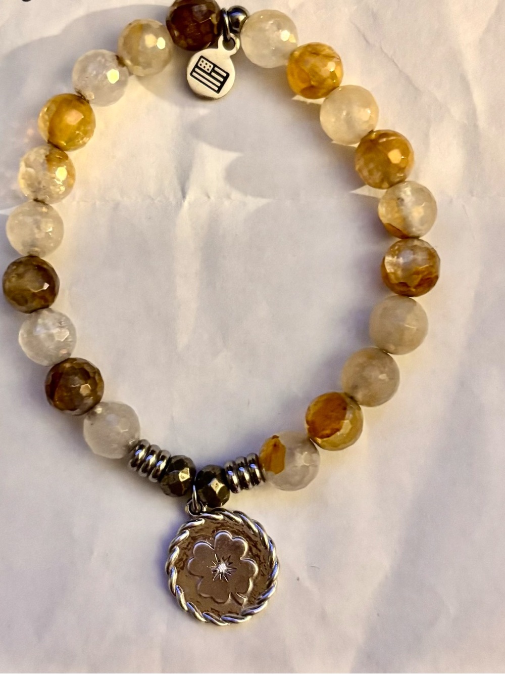 Faceted Yellow & Cream Bead Bracelet with Floral Silver Charm - Unbranded